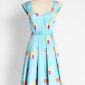Collectif Cosmically Colorful Cats Blue Belted Multicolor Midi Dress 10 UK/6-8